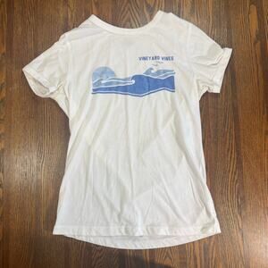Vineyard Vines White Blue Wave Graphic T-Shirt Women’s Short Sleeve Crew Neck S